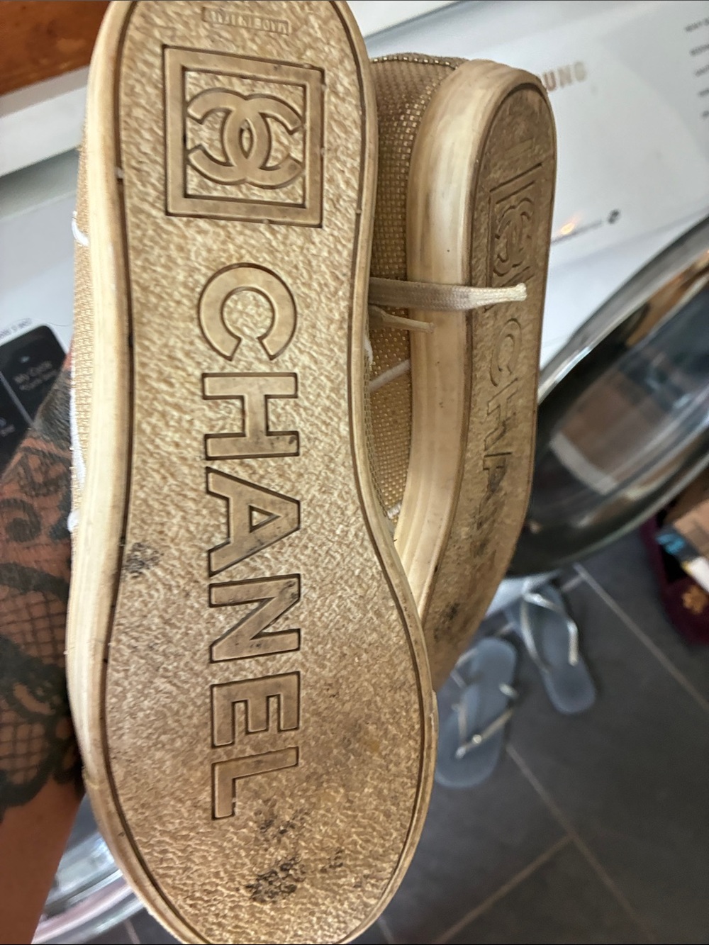 CHANEL Gold Glitter Low-Top Sneakers with White Laces